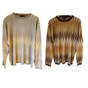 Domani Platinum Men’s Tan Fair Isle Pattern Silk Blend Sweaters- Set Of 2- Sz L